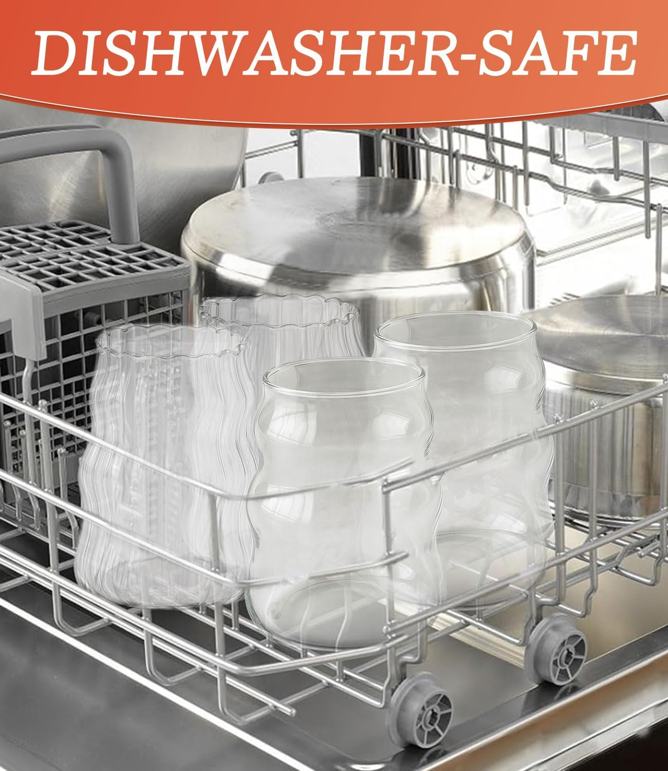 Shanghigh Drinking Glasses with Glass Straw - 7Pcs Cup Set with 16Oz Glass Cup, Staws, Cleaning Brushes and Bamboo Lids, Bubble Cup Glassware with Wave Shape for Drinks, Iced Coffee, Matcha, Tea image number 2