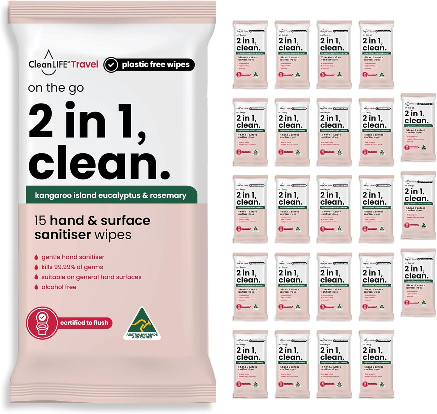 Cleanlife 2-In-1 Hand & Surface Sanitising Wipes &ndash; Disinfecting Antibacterial Cleaning, Alcohol-Free, Plant-Based, Flushable, Kills 99.99% of Germs, 15 Wipes Pack image number 2