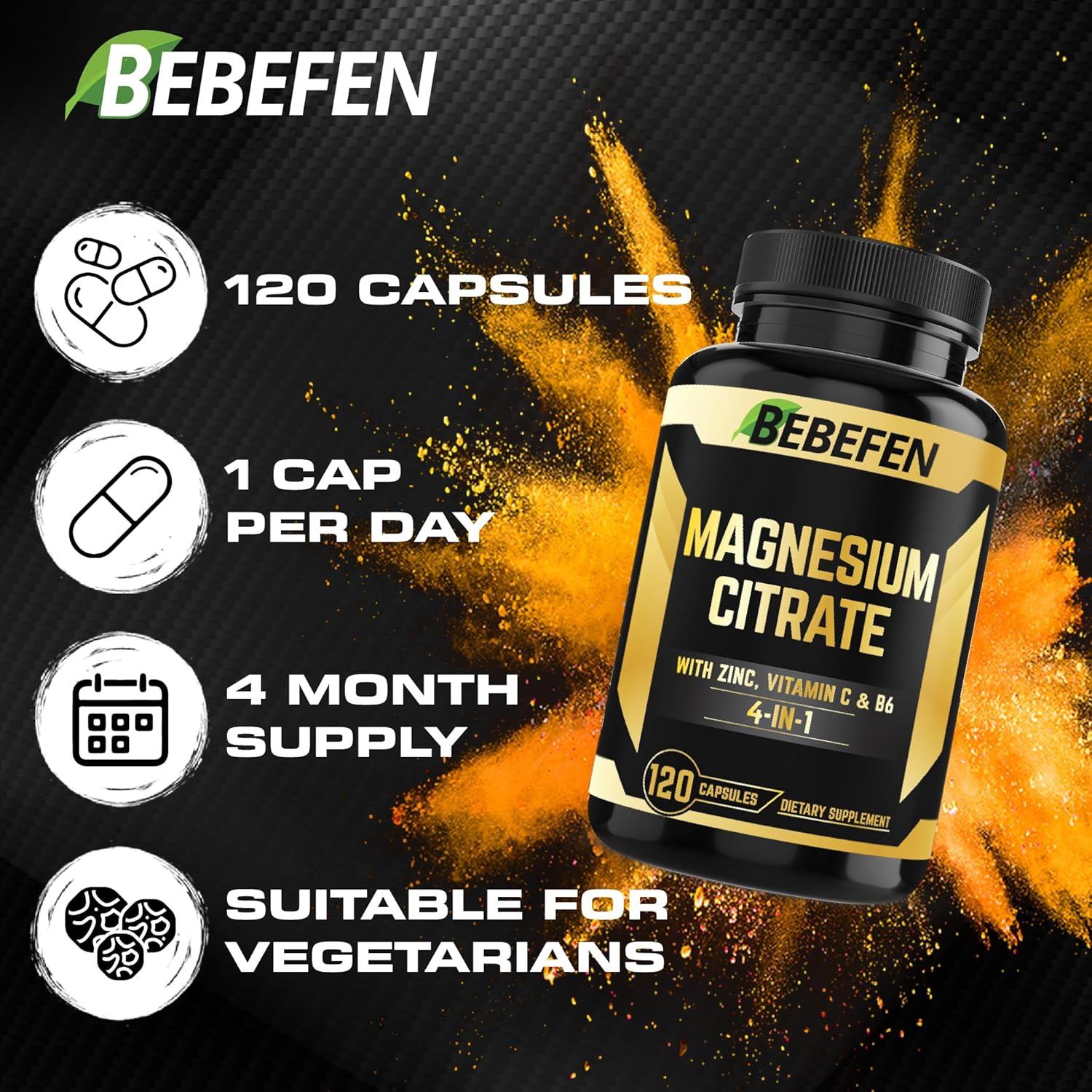 Magnesium Citrate with Zinc, Vitamin C, Vitamin B6-120 Capsules for 4 Month Supply image number 4