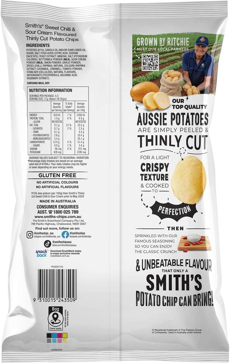 Smith&rsquo;S Thin Cut Potato Chip Share Pack Sweet Chili & Sour Cream 175G image number 4