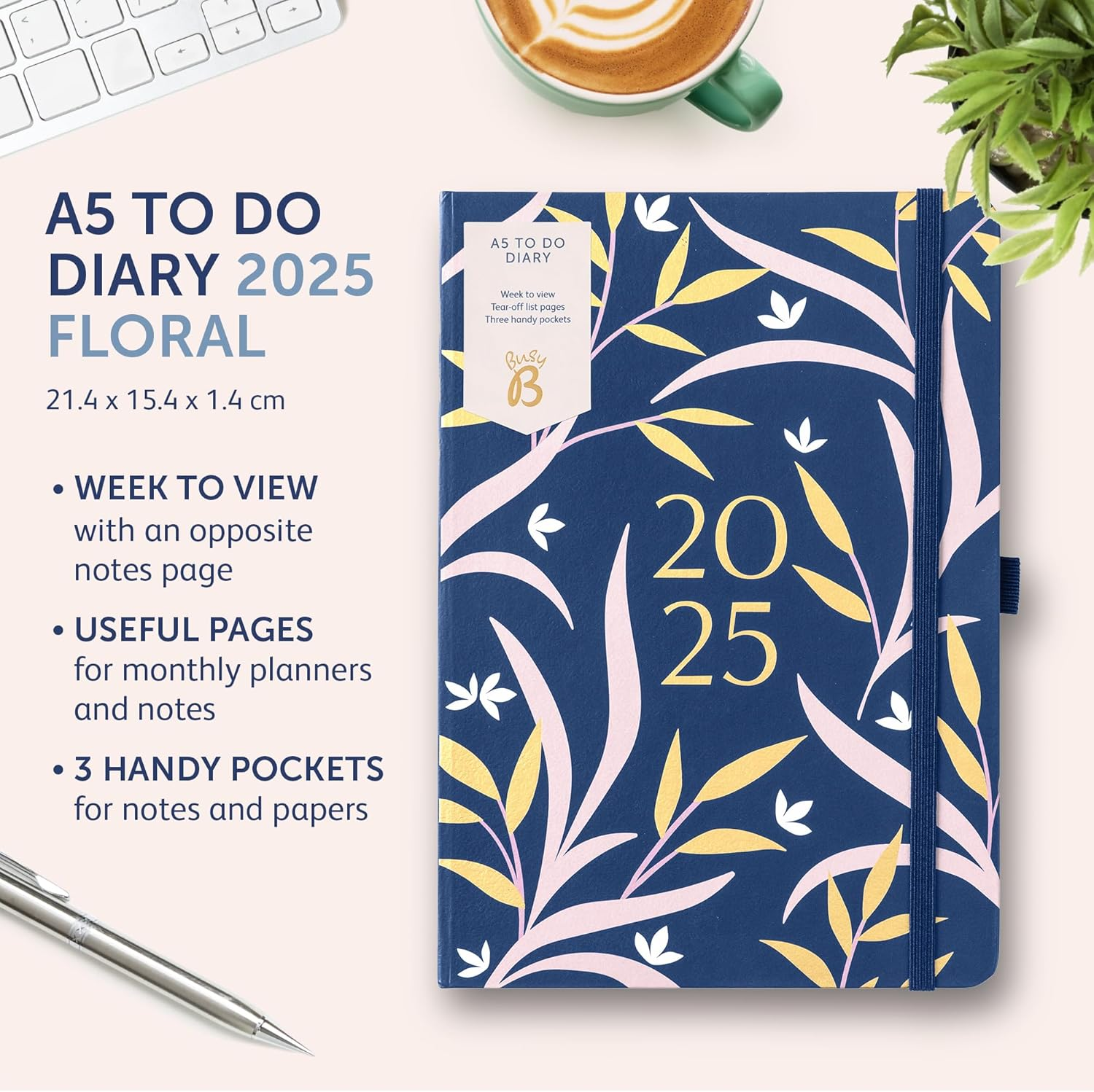 Busy B 2025 Diary - A5 Weekly Planner with To-Do Lists & Notes Pages &ndash; Work, School, Office Navy Floral Journal - Week-To-View Layout, 3 Pockets & Year Planner image number 6