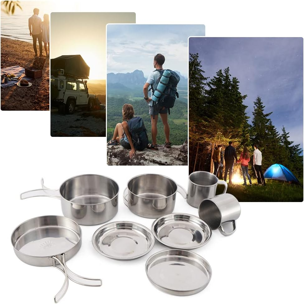 Camping Cookware Mess Kit 8PCS Stainless Steel Cooking Pot and Pan Set with Plates Cups for Outdoor Camping Hiking Backpacking image number 5