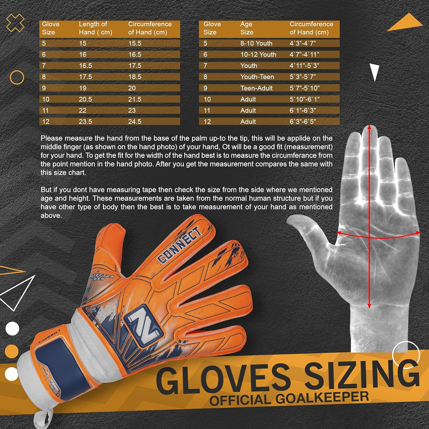 Connect Goalkeeper Gloves Premium Grip, Goalkeeper Gloves Kids, Youth & Adult, Football Gloves with Finger Support, Goalie Gloves, Goalkeeping Gloves Size 4/5/6/7/8/9/10 image number 5