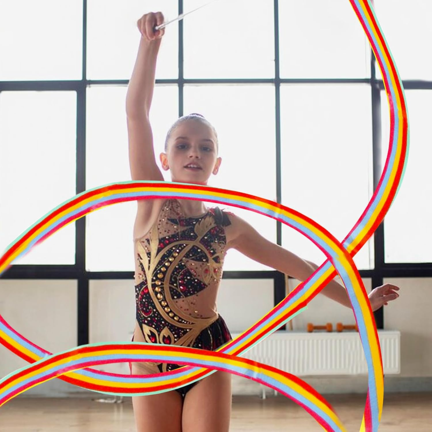 10 Pieces 2 Metre Art Gymnastics Rhythmic Band Swirling Baton Bar, Gym Dance Ribbon Wall Streamer and Stick for Children, Rainbow image number 4