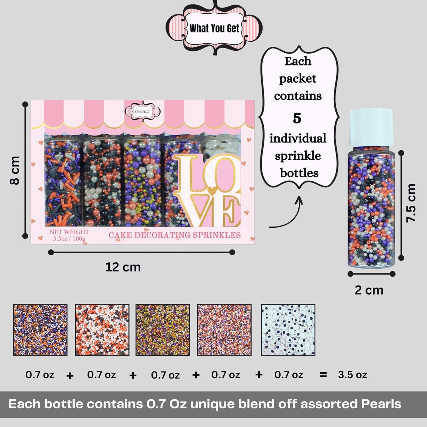 Confect Sprinkles Mix for Baking & Cake Decorative Sprinkles Assorted Pack of 5 Treat with Trick Sliver, Orange, Irish Purple & Black Dragees & Vermicelli Sprinkles - 3.5Oz image number 4