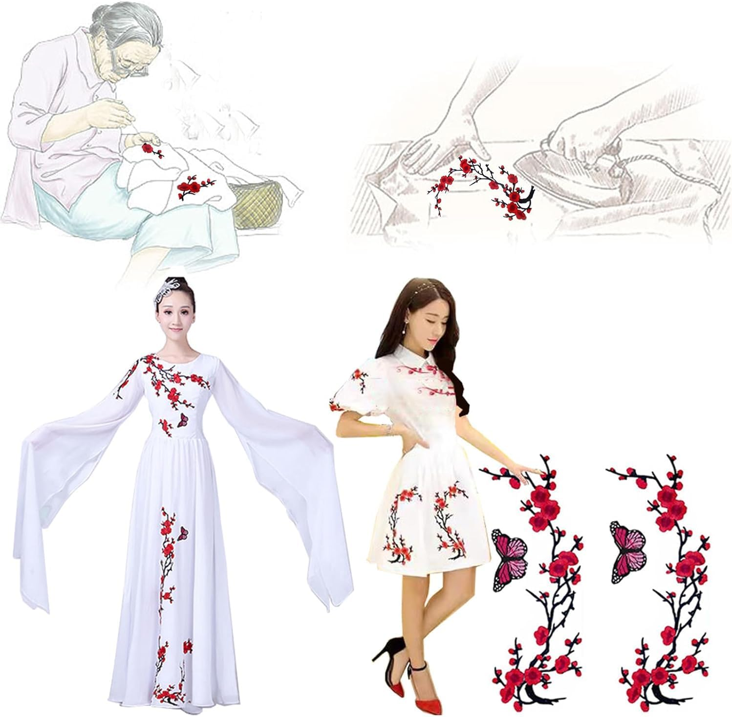 Iron on Patches,Embroidery Patches,Applique for Clothes Dress Pants Hats Jeans, Sewing Flowers Applique DIY Accessory,2Pcs Plum Blossom Patch,Red/Black image number 2