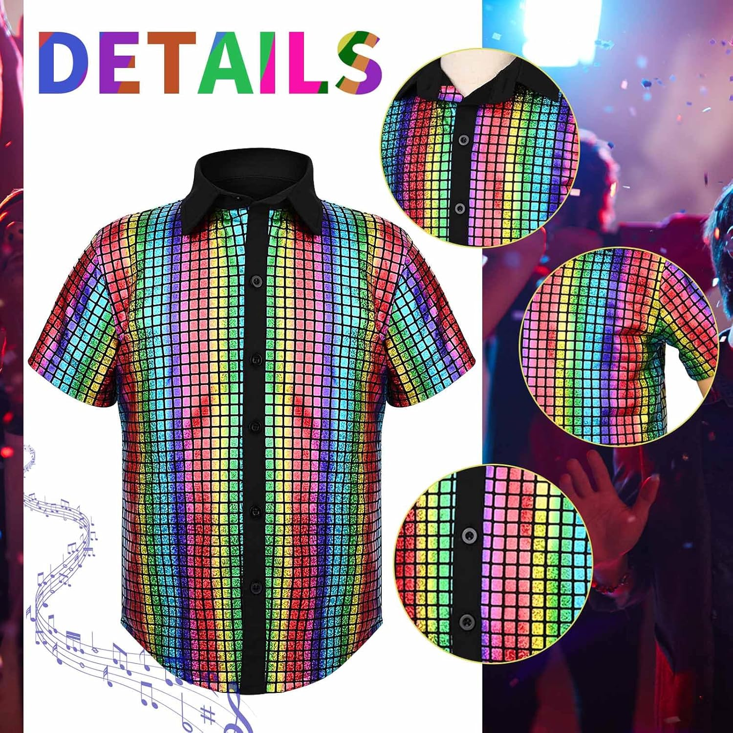 5Pcs Boy 70S Disco Costume,Kids Boys Sequins Dress Shirt,Wig Disco Necklace Sunglasses for 60S Dress Up image number 6