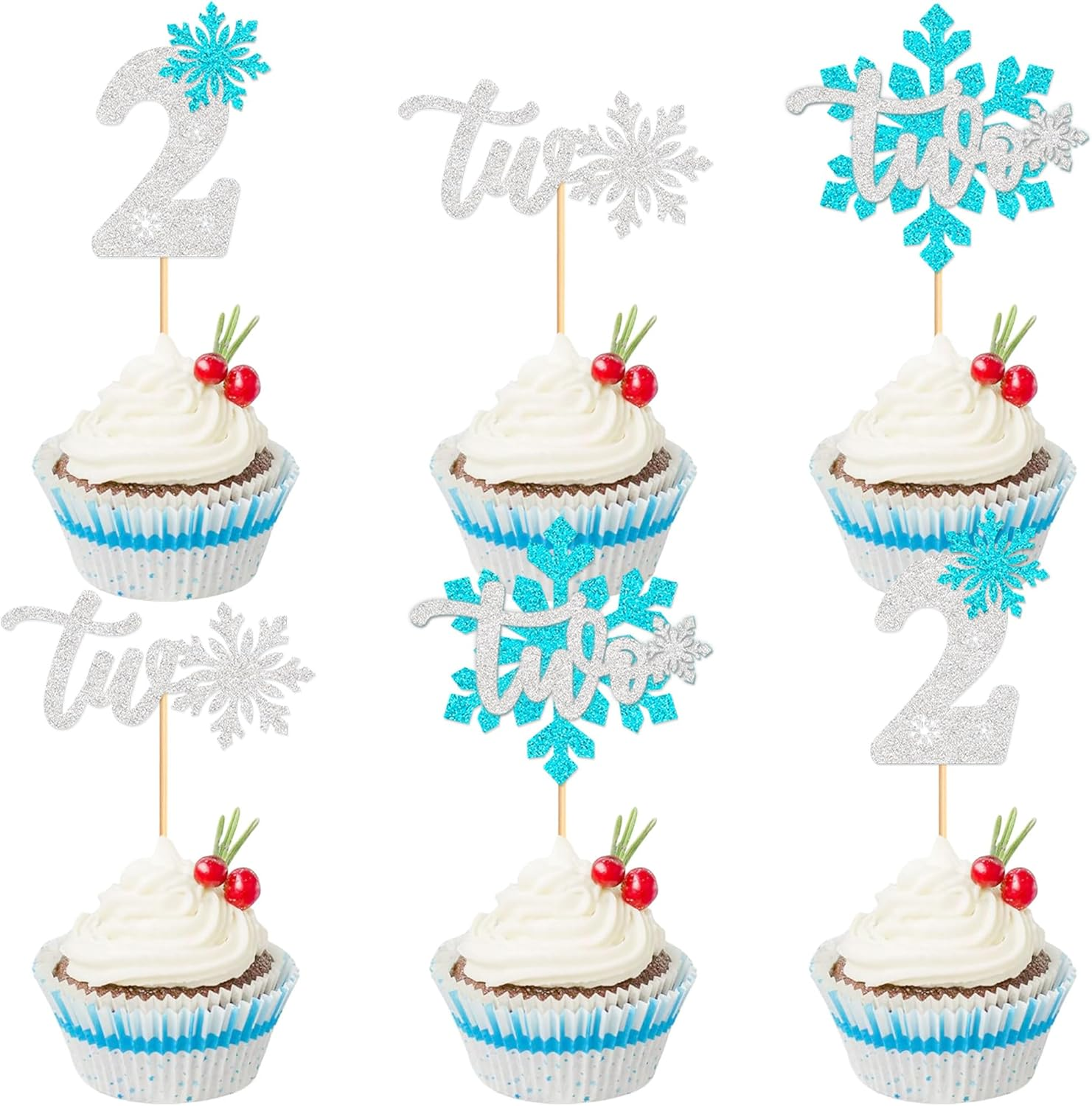Ercadio 24 PCS Snowflake Cupcake Toppers Assemble Glitter Double Layers Winter Snowflake Cake Picks for Winter Wonderland Baby Shower Birthday Merry Christmas Party Cake Decorations Supplies