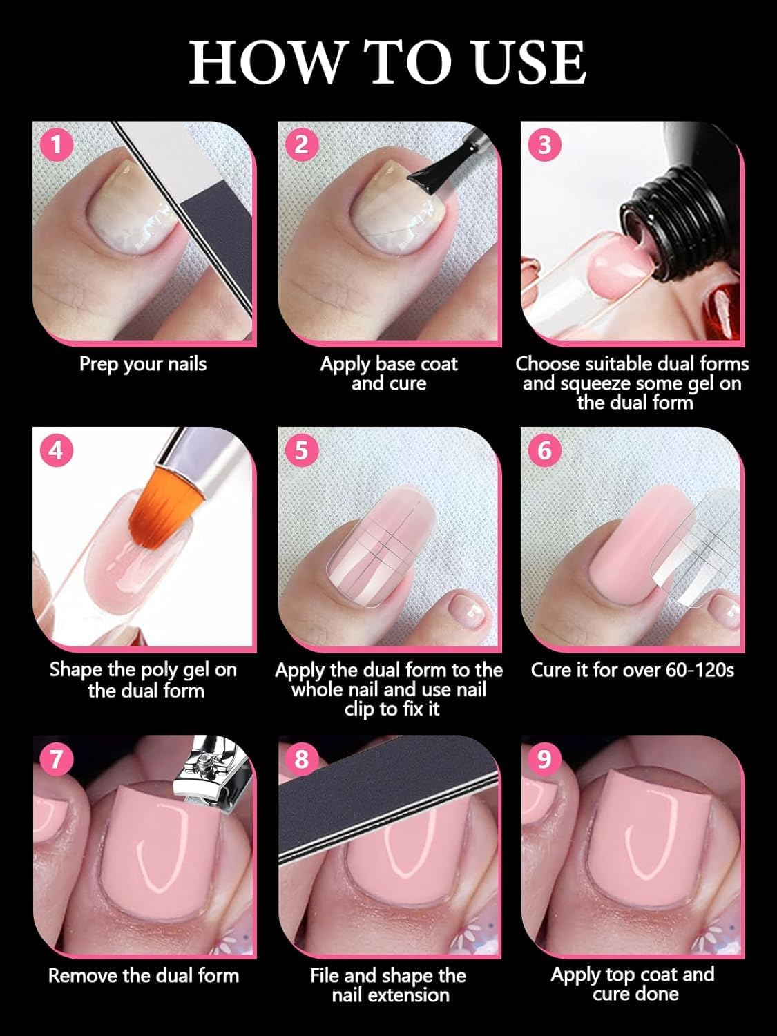 Poly Gel Nail Forms Kit for Toes - Kalolary Reusable Dual Toenail Forms for Builder Gel, Toe Nail Kit with 2.5Oz Slip Solution, Brush, File, 5PCS Clips - 12 Sizes 120PCS image number 6