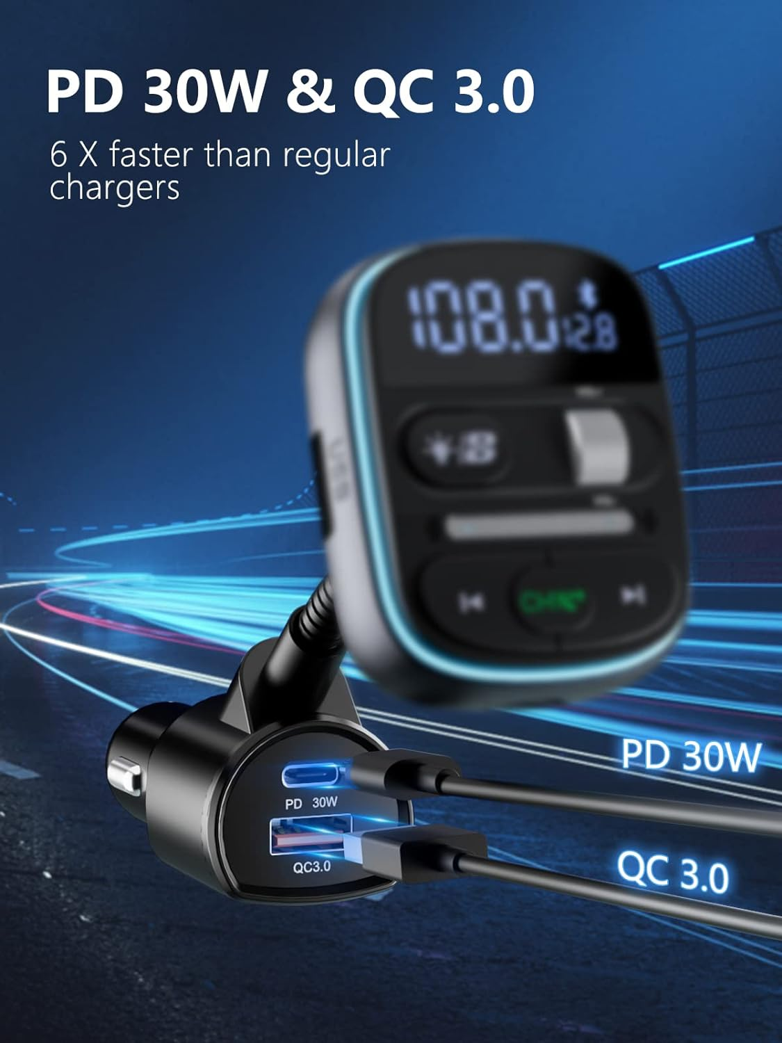 LENCENT PD 30W Bluetooth FM Transmitter,Bluetooth Car Adapter with QC3.0 Fast Charger,Hi-Fi Music/Clear Calling Car FM Bluetooth Adapter,【Color Light】 image number 5