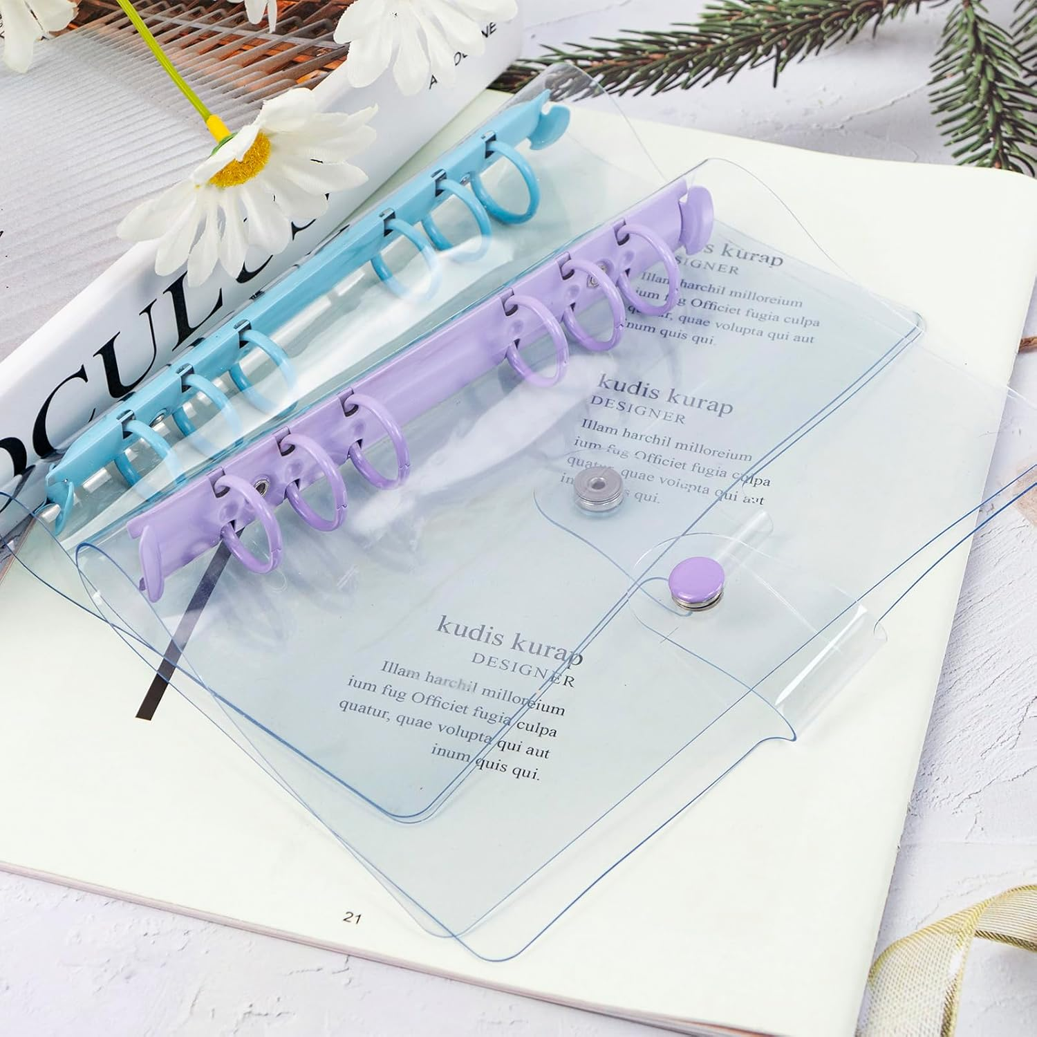 2 Pcs Clear A6 Notebook Binders 6 Ring Soft PVC Budget Binders Transparent A6 Planner Binder round Ring Binder Cover for Refillable Notebook School, Meeting, Office (Blue and Purple) image number 6