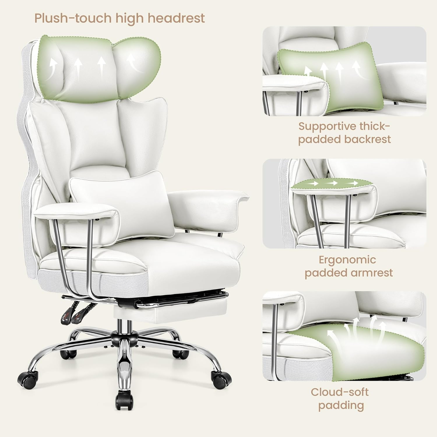 Ergonomic Office Chair with Footrest, Reclining Big and Tall Desk Chair, Leather Executive Office Chair with Lumbar Support, Comfy Wide Seat Computer Gaming Chair for Adults, White image number 3