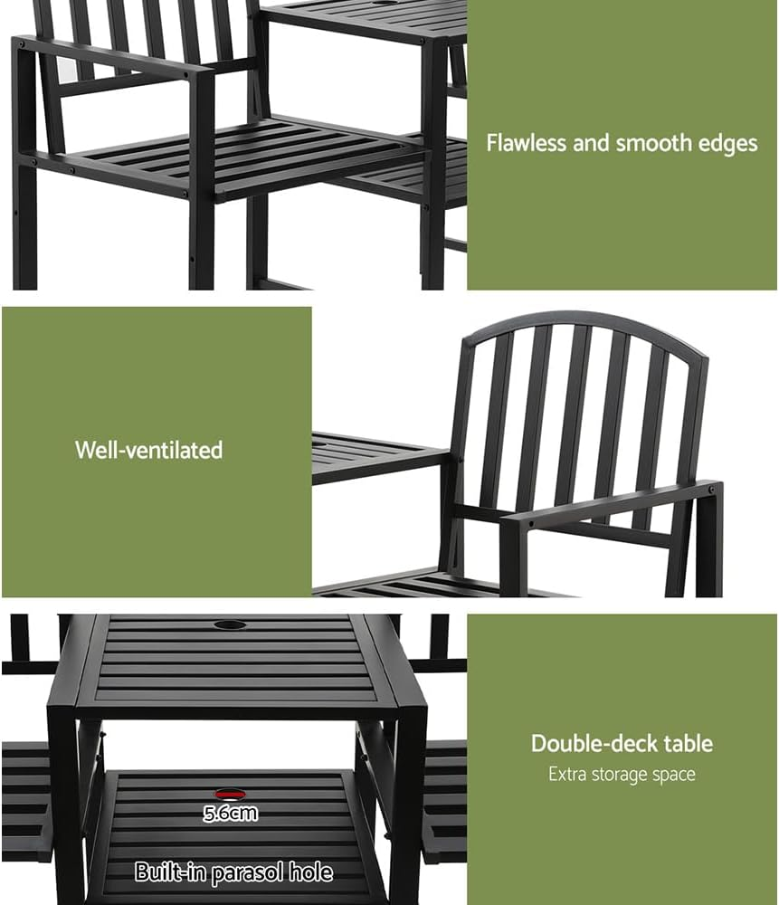 Gardeon Outdoor Garden Bench Seat, 2 Seater Steel Benches Lounge Chair Relax Patio Furniture Chairs Park Pool Backyard, with Folding Table Umbrella Hole Black