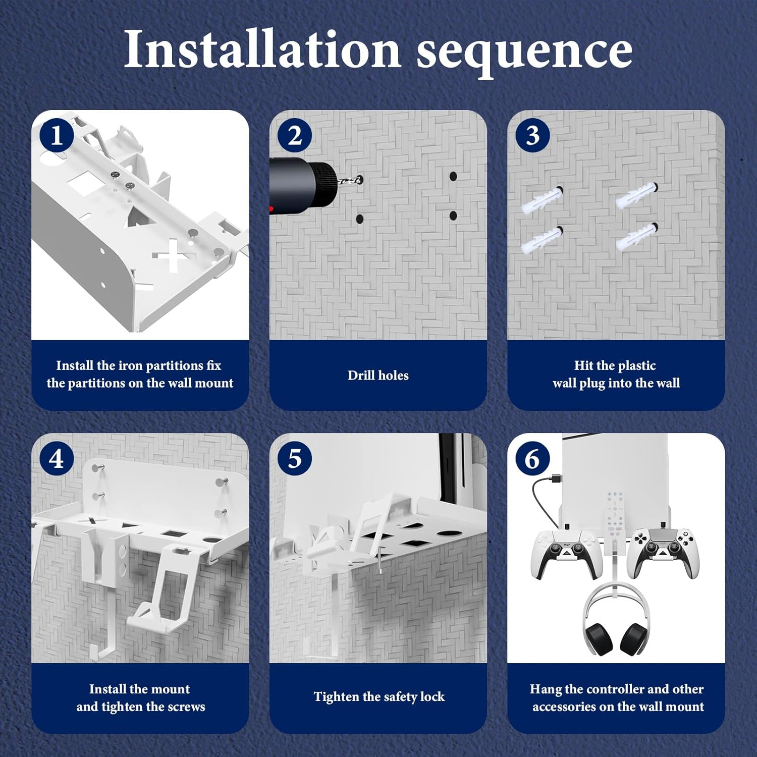 Geekria Wall Mount Kit Compatible with SONY Playstation 5 Slim Console, Disc & Digital Edition Metal Wall Hanging Stand, with 2-In-1 Magnetic Charging Cable, Headset Hanger image number 2