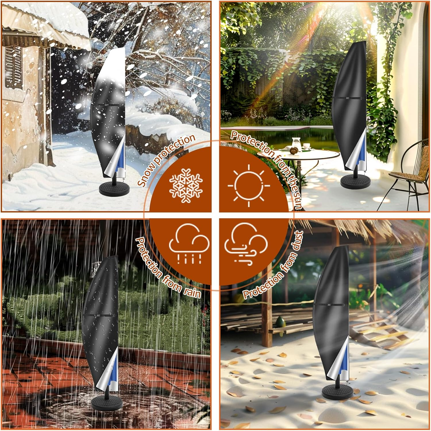 Neween Cantilever Parasol Cover with Rod, 210D Heavy Duty Waterproof Windproof Garden Offset Large Umbrella Cover with Zipper and Storage Bag Fit for 2.7-3.9M Outdoor Parasol (Black, 280X30/81/46Cm) image number 3