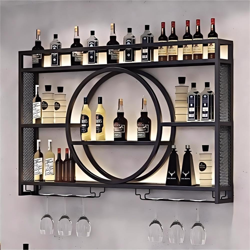 Wall Mounted Wine Rack with Led,3-Tier Metal Wine Bottle Shelf with Goblet Holder, Modern Bar Shelves Bar Liquor Bottle Display Shelf Multifunctional Bottle Rack for Home Bar No Battery (GLD, 100)