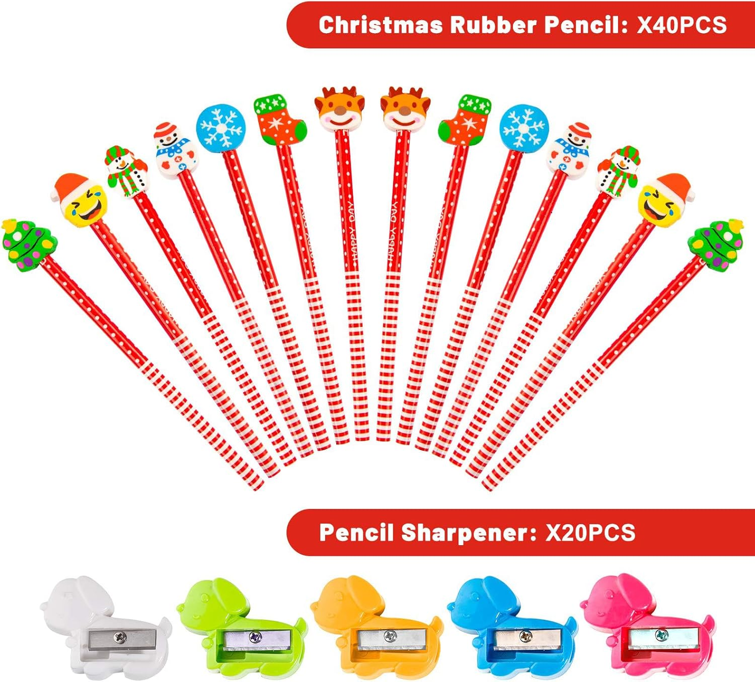 Whaline Christmas Stationery Collection 140 Set 40 Christmas Pencils with Eraser, 20 Christmas Stampers, 60 Xmas Stickers 52 Designs 20 Pencil Sharpeners Gift Party Favors Prize School Supplies