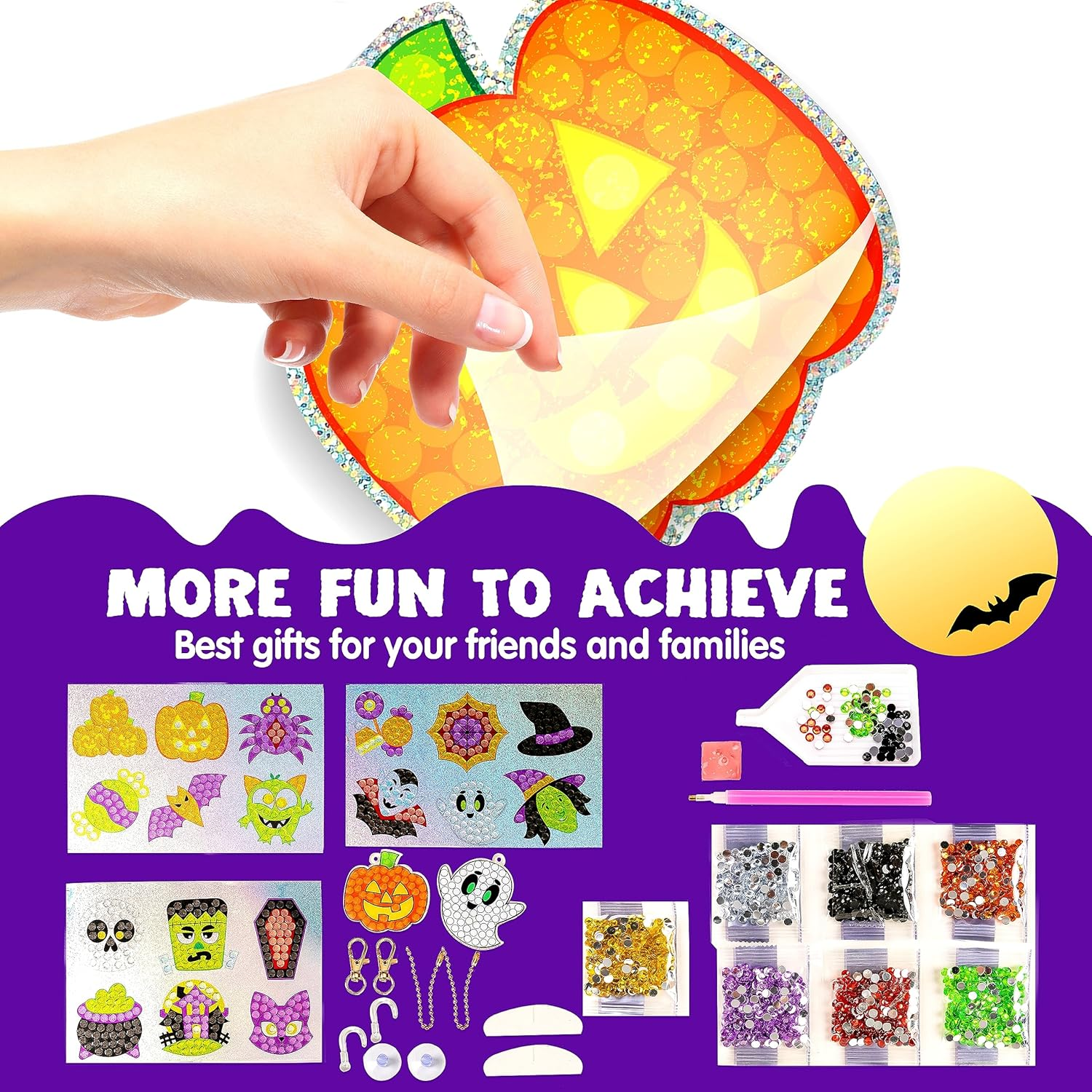 Klever Kits Halloween Gem Art Kit, Kids Halloween Crafts Party Supplies, Diamond Painting Kit with Stickers, Suncatchers, and Keychains, Party Favor DIY Activities School Game Goodies Gift image number 5