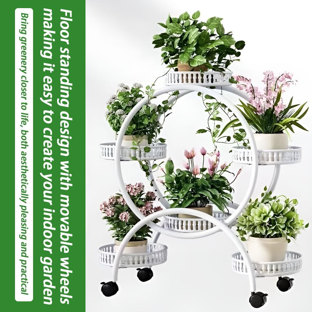 Metal Planter, Flower Stand, Creative Metal Plant Display Stand with Wheels and 1 Set of Gardening Tools, Suitable for Study Balcony Living Room and Bedroom, White, 52*80Cm