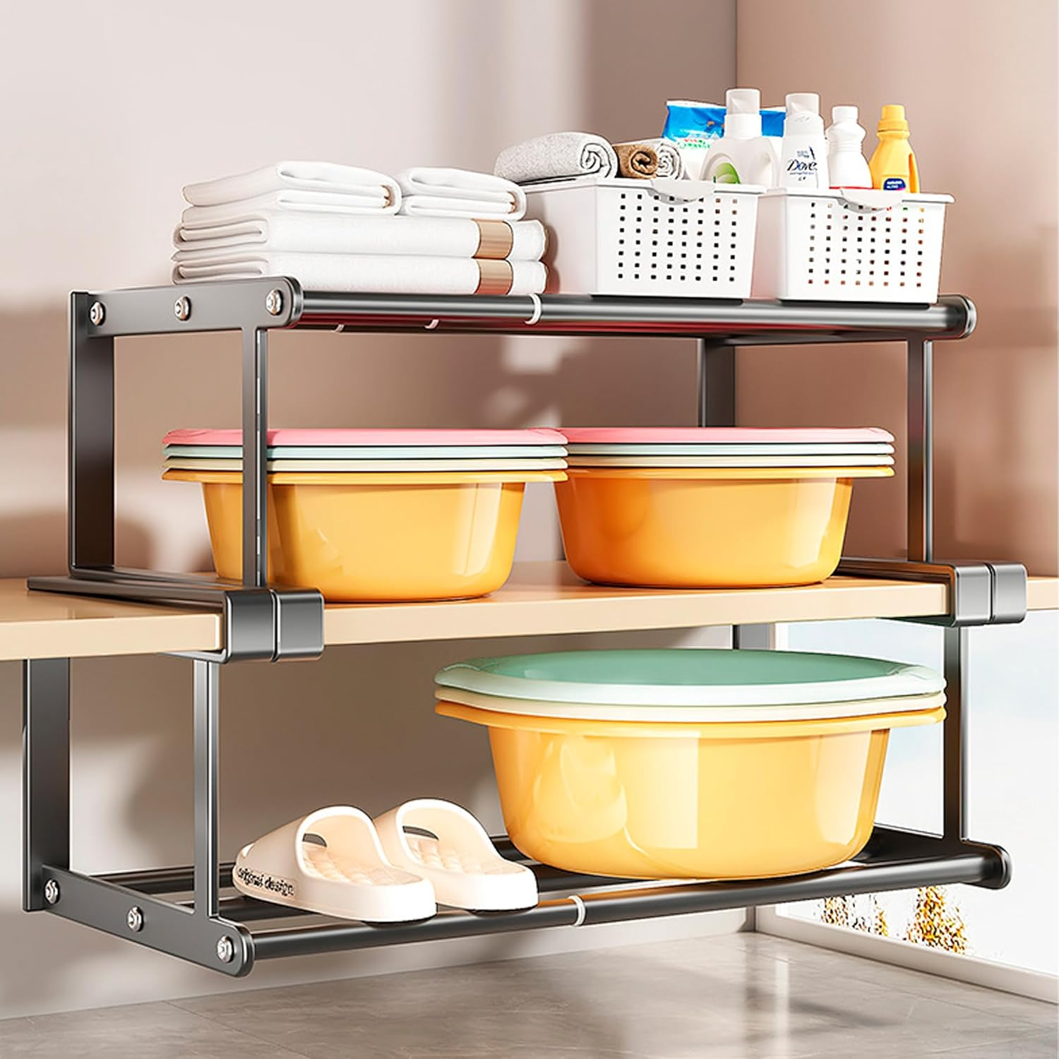 Expandable Shoe Rack Organizer - Adjustable Shoe Rack & under Cabinet Shelf - for Shoe or Clothing Storage and Organization, under Shelf Storage (30-50) image number 6