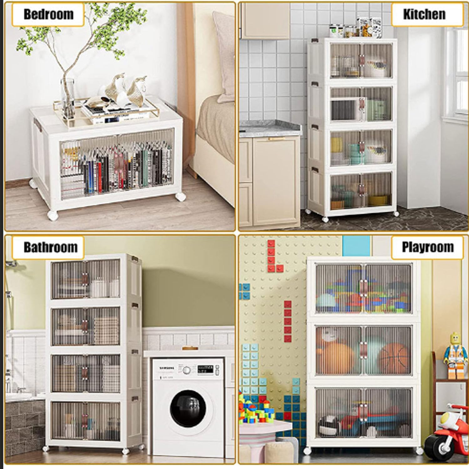 3 Pack Folding Storage Bins with Lid, Closet Organizers and Storage with Doors, Plastic Stackable Storage Bins Folding Storage Box Collapsible Trunk Storage Bin with Wheels, Opening Storage Boxes Set image number 1