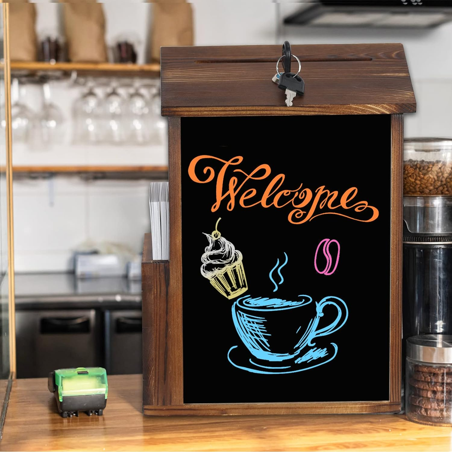 Lockable Suggestion Box: Wooden Charity Donation Boxes Wall Mounted Comment Ballot Box with Secure Lock Card Holder and Writing Blackboard image number 3