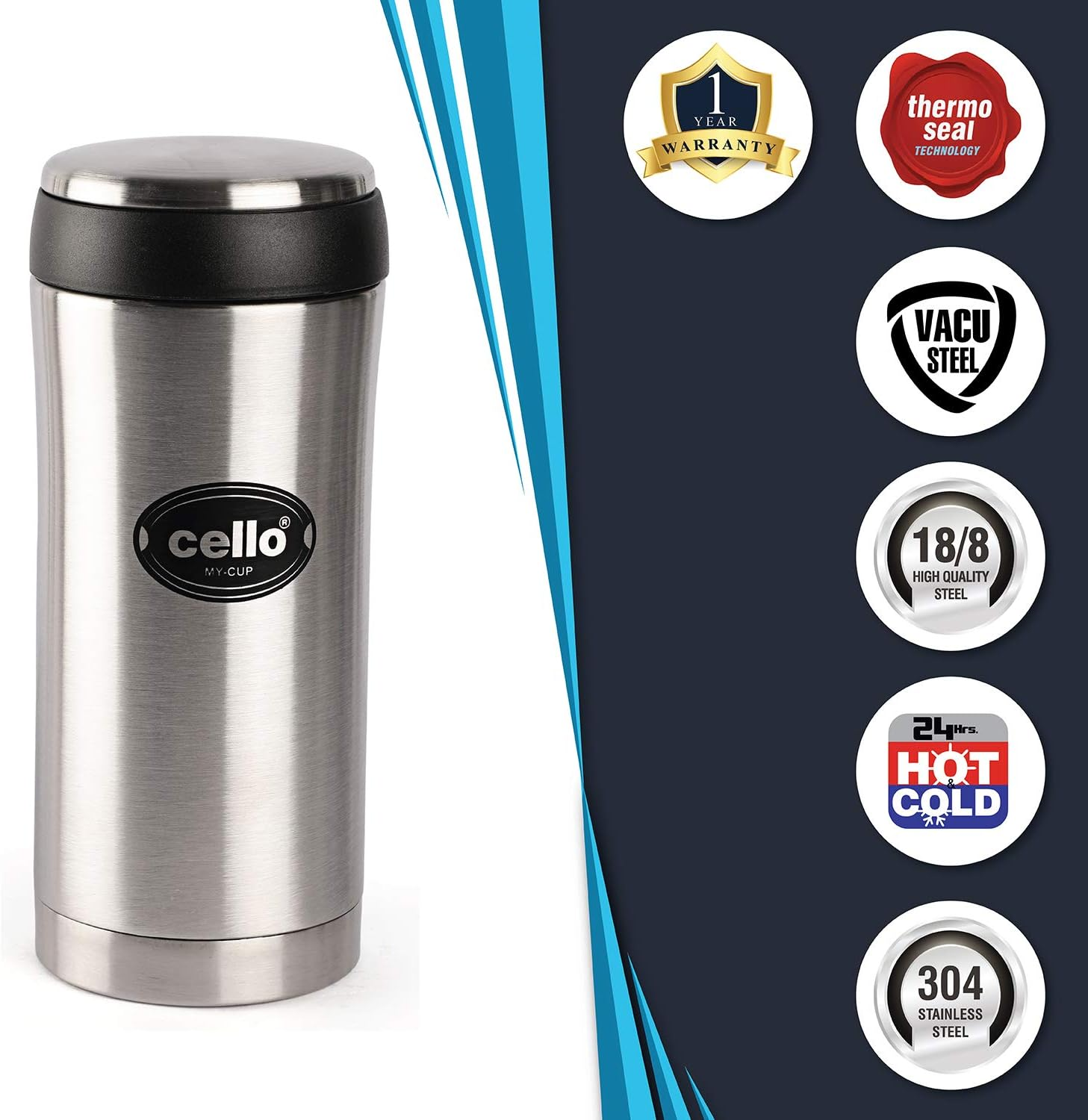 Cello My Cup Stainless Steel Vacuum Insulated Flask | 24 Hours Hot and Cold Threaded Lid Flask Bottle for Office Travel Home Outdoor | Silver - 500 Ml image number 1