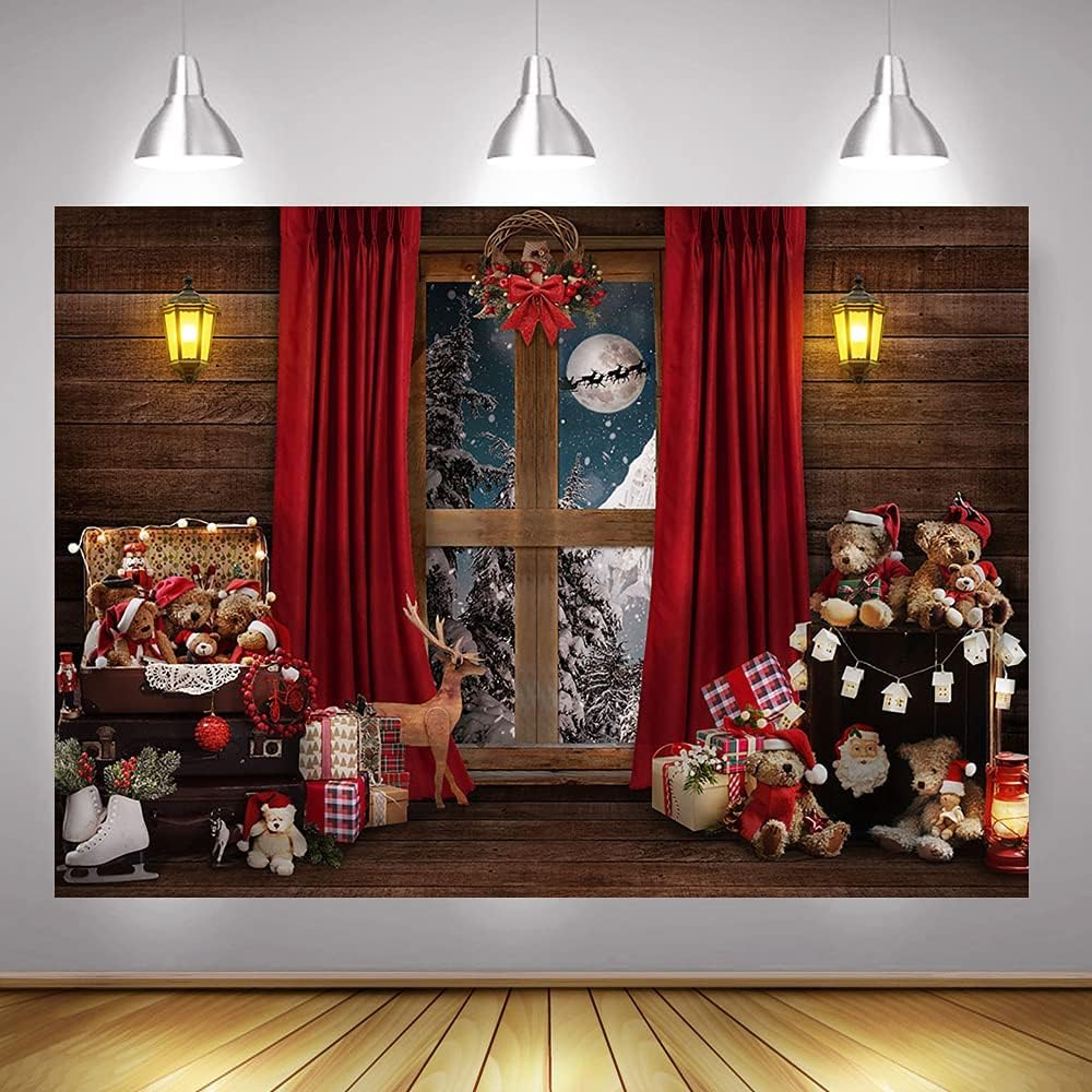 Mocsicka Christmas Window Backdrop Santa Gifts Bear Christmas Window Decorations for Baby Family Kids Indoor Xmas Tree New Year Holiday Photography Background (10X8Ft(120X96 Inch)) image number 6