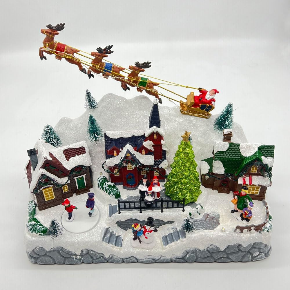 Animated Musical Christmas Village Scene, Lighted, Snowy Hillside with Santa, Reindeer, Houses, Rotating Skaters image number 2