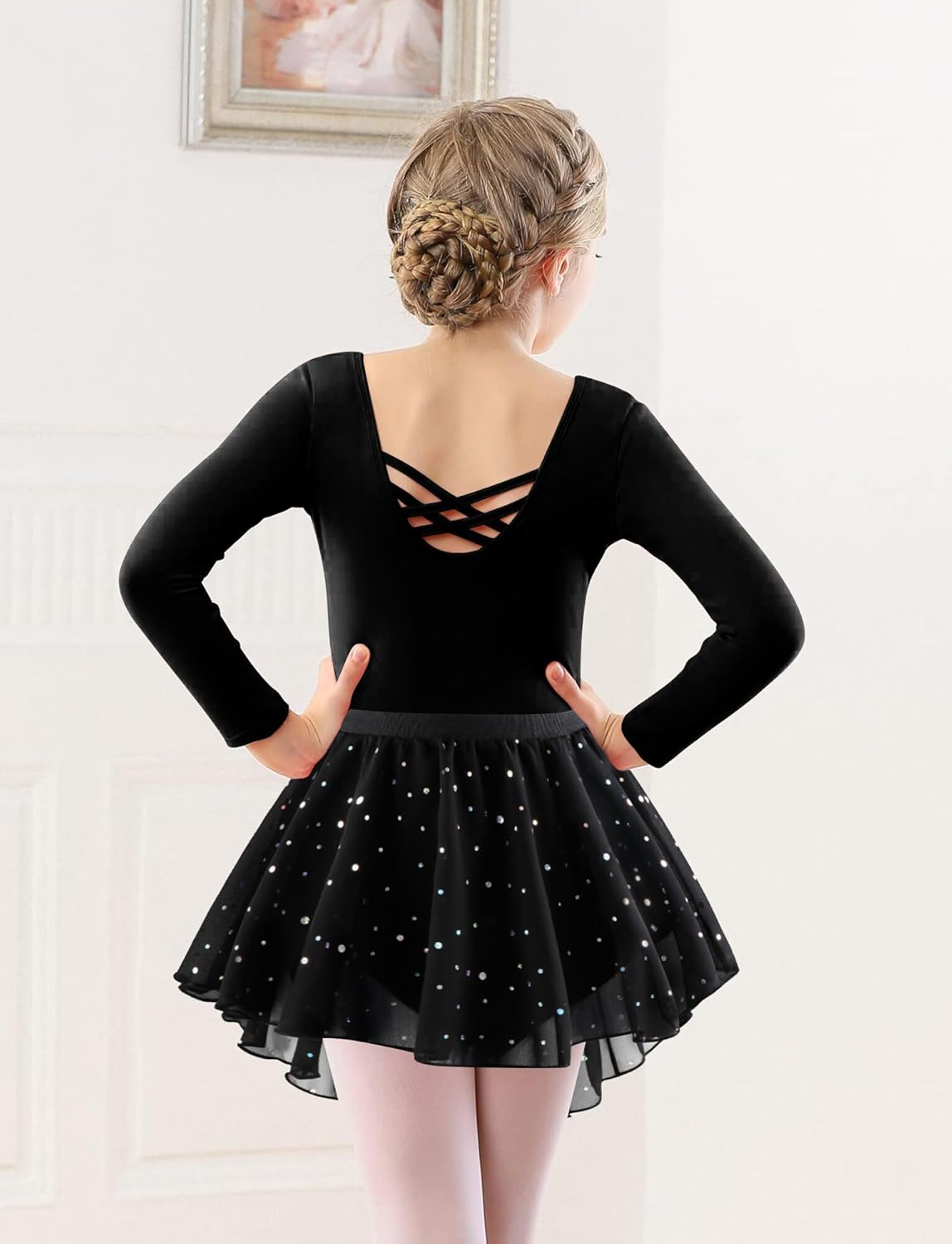 KEOYA Girls Dance Leotards Long Sleeve Ballet Outfits Dance Skirted Leotard Kids Ballet Tutu Dress for 3-11 Years image number 3