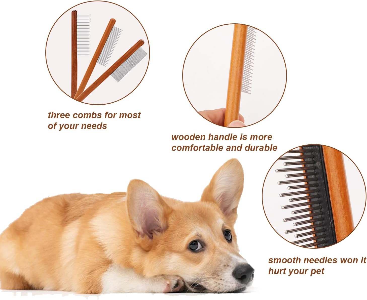 3Pcs Grooming Comb for Pets, Solid Wood Cat Combs with Wide & Narrow Rounded-Tip Teeth Pet Hair Comb Metal Flea Lice Comb for Cats Dogs Rabbits Tangled Hair (3 Sizes) image number 1