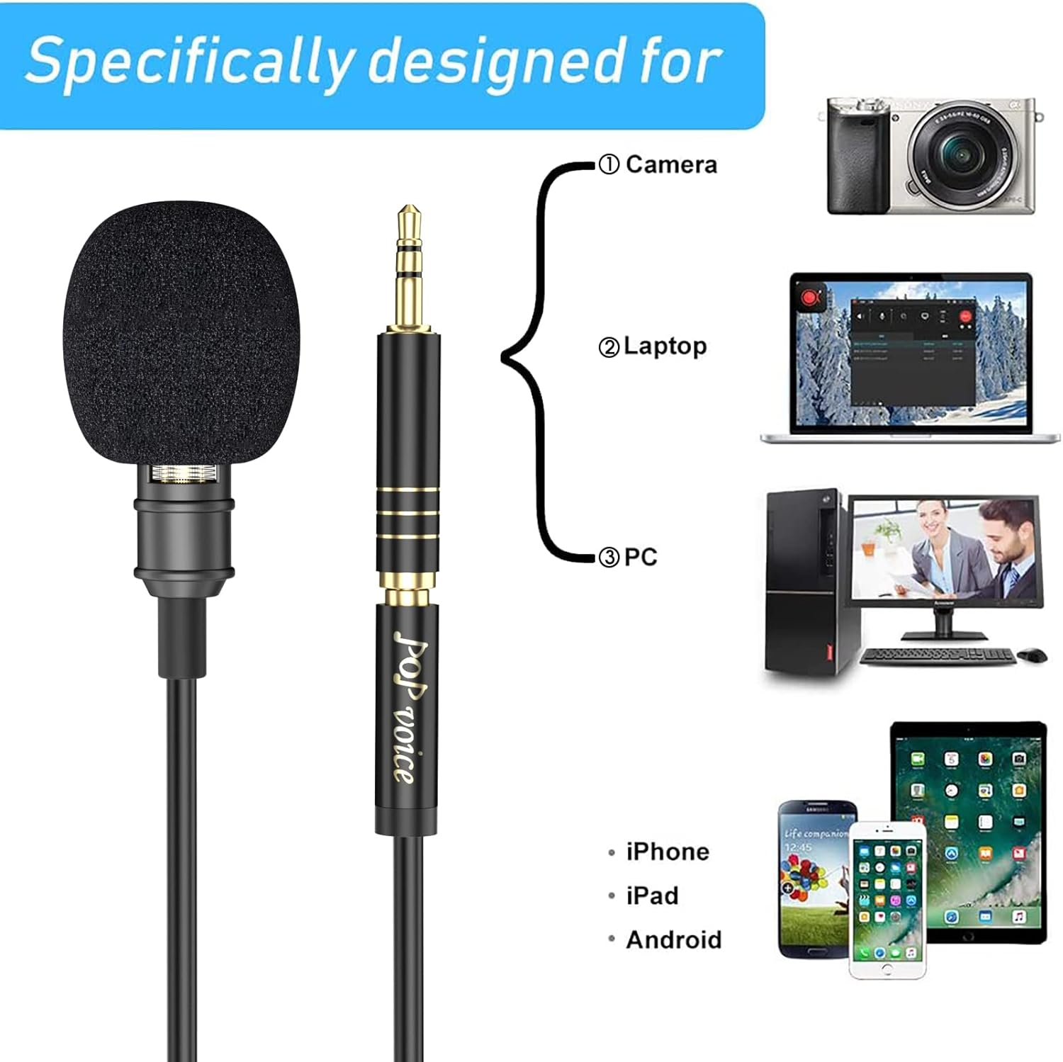 Pop Voice 12.8 Feet Lavalier Lapel Microphone Professional Grade Omnidirectional Mic Condenser Small Mini Perfect for Recording Podcast PC Laptop Android Iphone Youtube Interview Asmr External image number 4