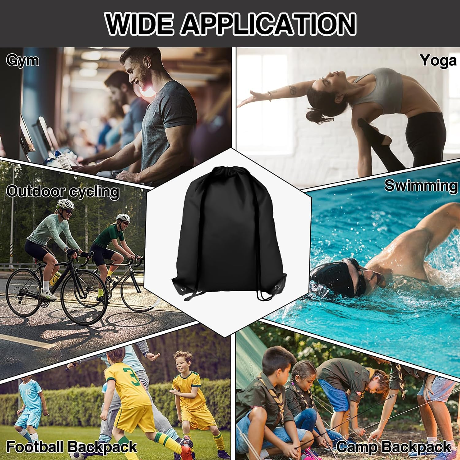 Drawstring Backpack 6Pcs Drawstring Gym Bags Black Draw String Bags Drawstring Backpack for Sports image number 4