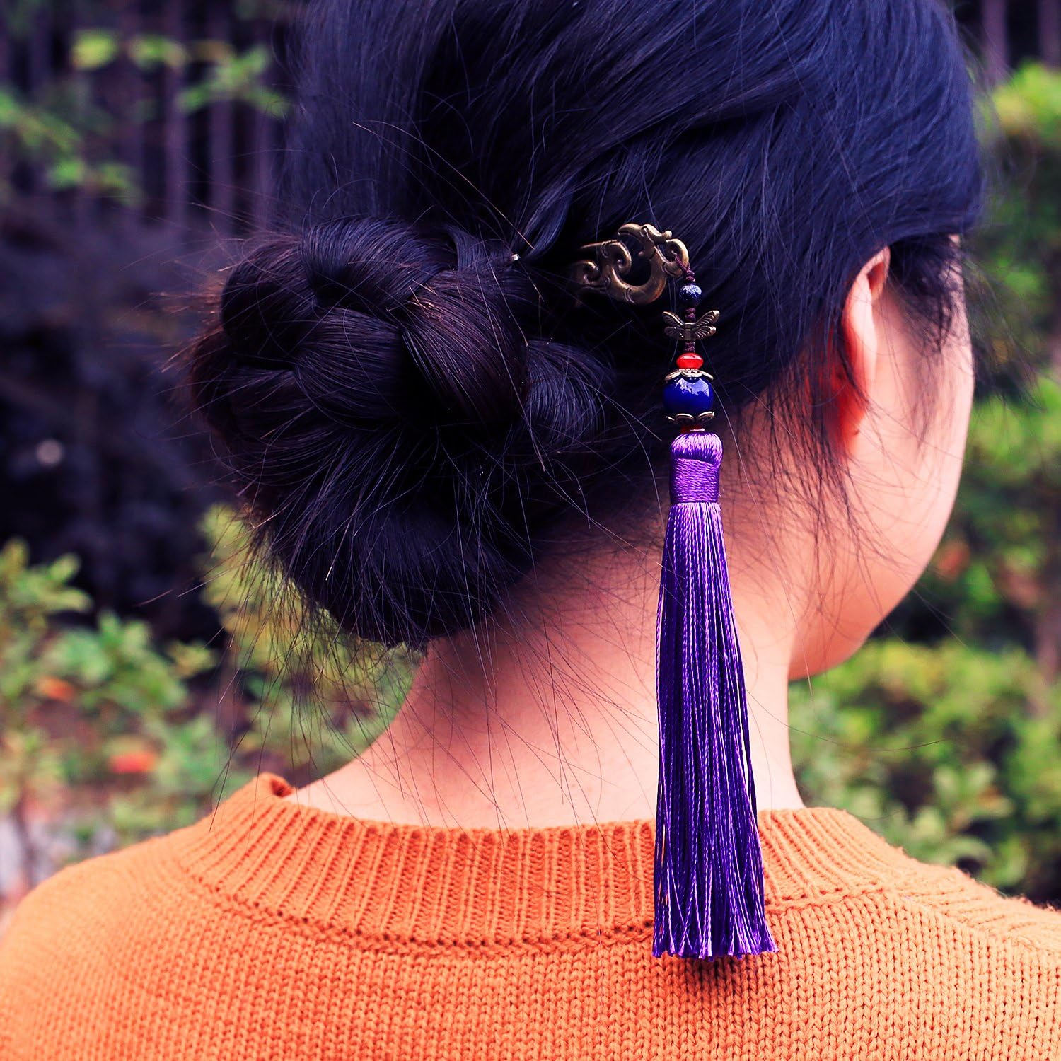 Chinese Metal Bookmarks with Tassel, Vintage Bookmark Unique Classical Ancient Chinese Hairpin Bookmark with Handmade Silky Tassel for Book Lovers Unique Gift - Purple image number 2