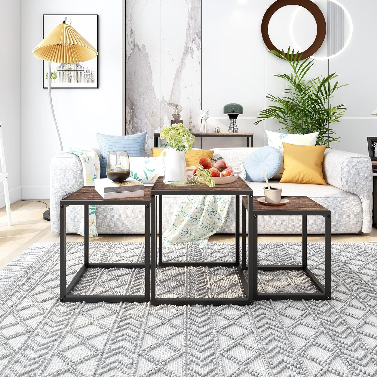 Nesting Table Set of 3 End Tables, Modern Minimalist Coffee Table, Stackable Tables with Metal Wood Stacking Side Table for Living Room, Bedroom, Brown/Black - Brown/Black image number 2