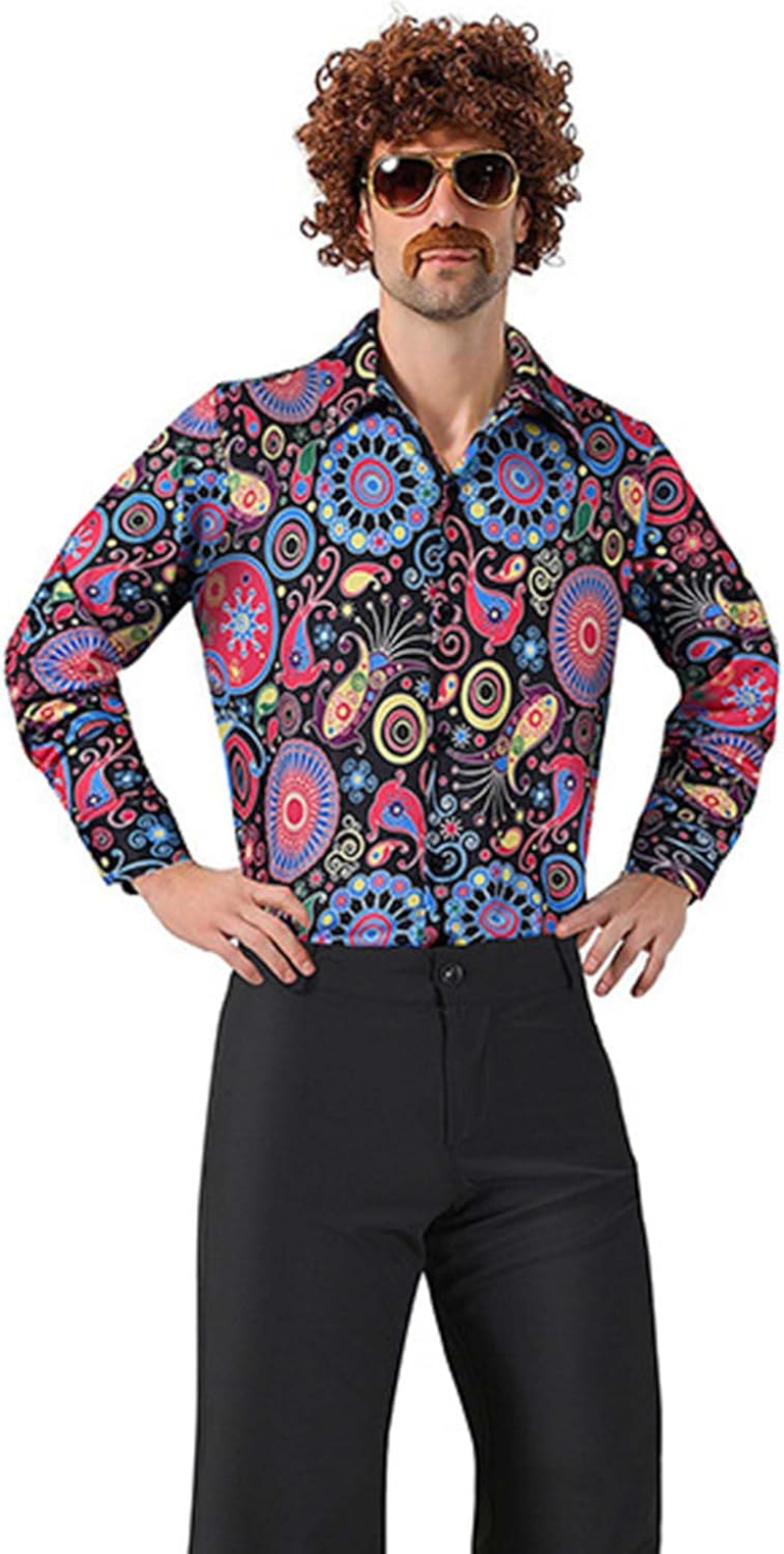 4 PCS Hippie Costume for Mens 60S 70S Disco T-Shirt Afro Wig Accessories Set for Halloween Party Cosplay image number 2