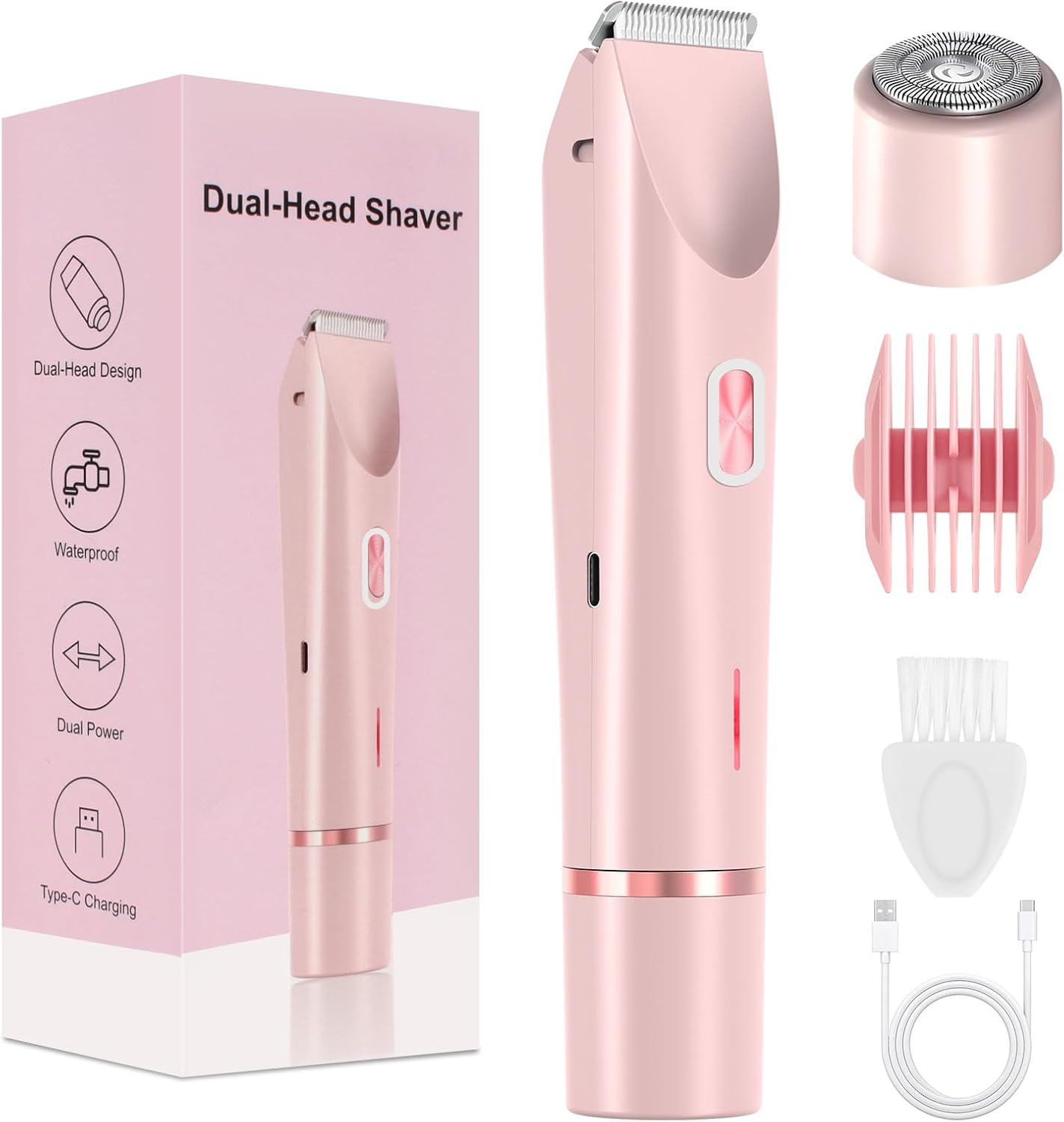 2 in 1 Women Electric Shaver Dual Head Bikini Trimmer for Women IPX7 Waterproof Wet & Dry Use Body Hair Trimmer and Facial Hair Remover for Bikini Underarm Leg Arm Body Face image number 5