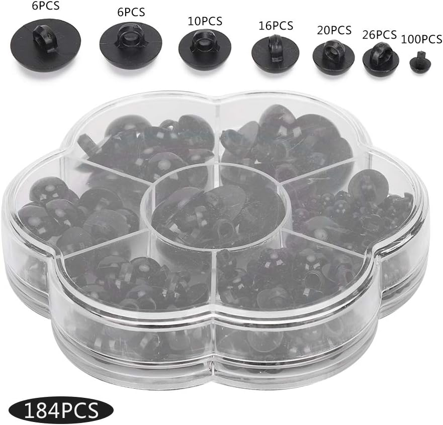 DIY Black Plastic Safety Eyes, Safe Crochet Eye Sewing Crafting Eyes Buttons Washers Assorted Sizes Bulk for Craft Teddy Bear Doll Crocheting Puppet Plush Stuffed Animals Making with Box 184PCS image number 4