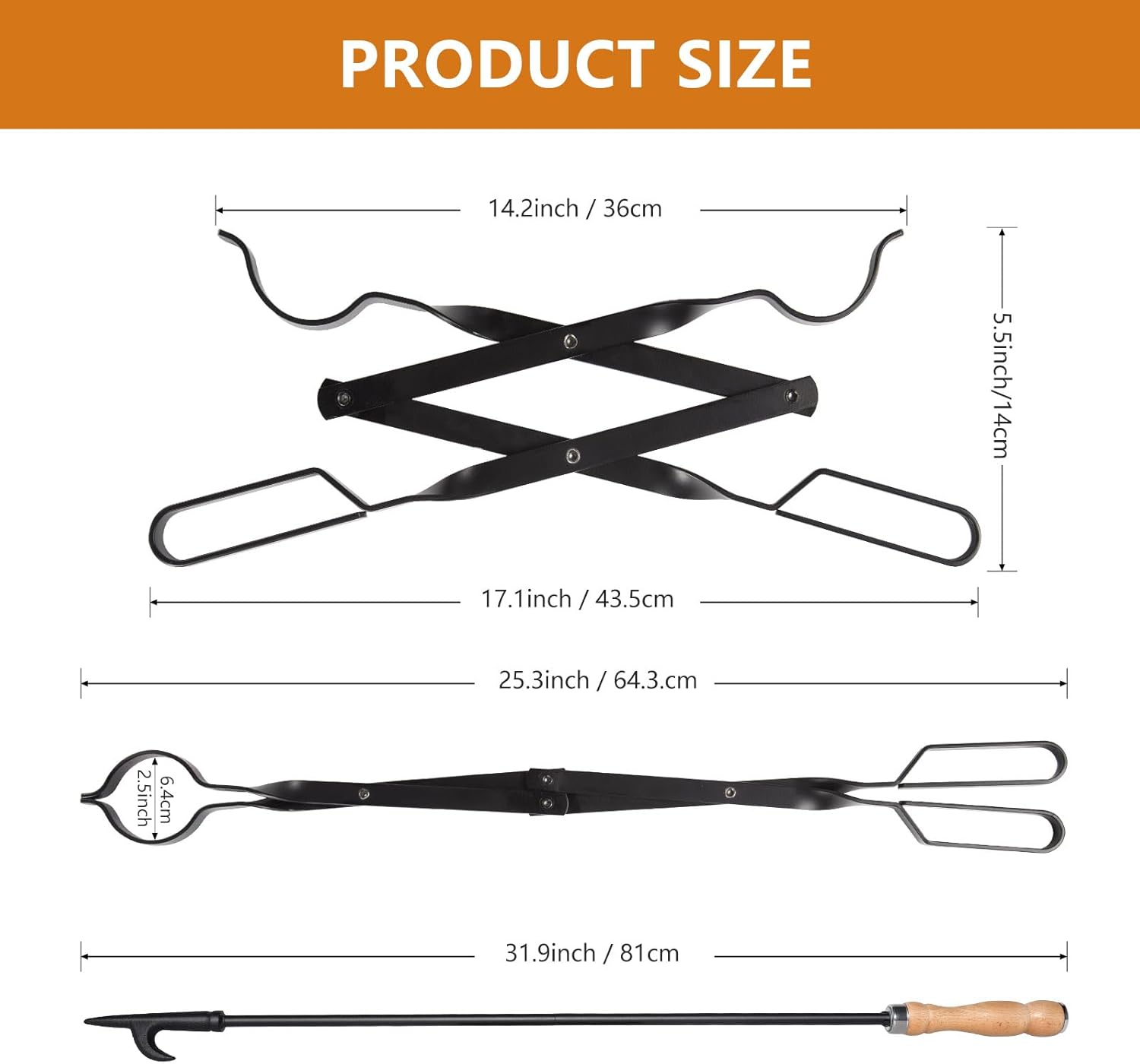 Heavy Duty 32&rdquo; Long Fireplace Fire Pit Campfire Poker Stick and 26&rdquo; Fireplace Tongs Tool Sets, Log Grabber, Rust Resistant Black Finish Camping Fireplace Tools for Indoor/Outdoor image number 6