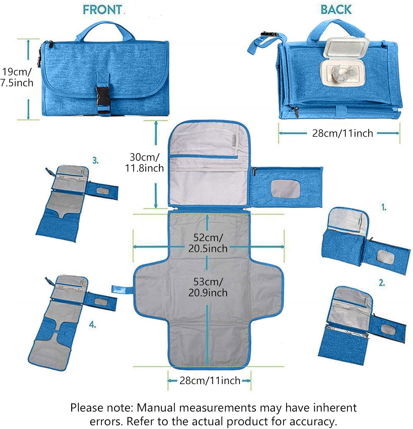 Baby Changing Mat Portable Waterproof Foldable Travel Diaper Changing Pad with Smart Wipes Pocket Lightweight Compact for On-The-Go Ideal Newborn Shower Gift for Boys & Girls (Blue) image number 3