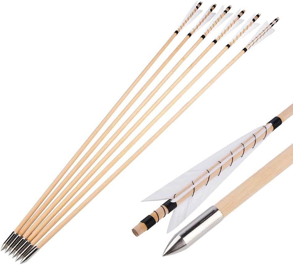 32 Inch Wooden Arrow English Longbow Arrow Target Pracrice Arrow Shaft with 5" Turkey Feather Fletching and Field Point for Recurve Bow Longbow Traditaonal Bow image number 5