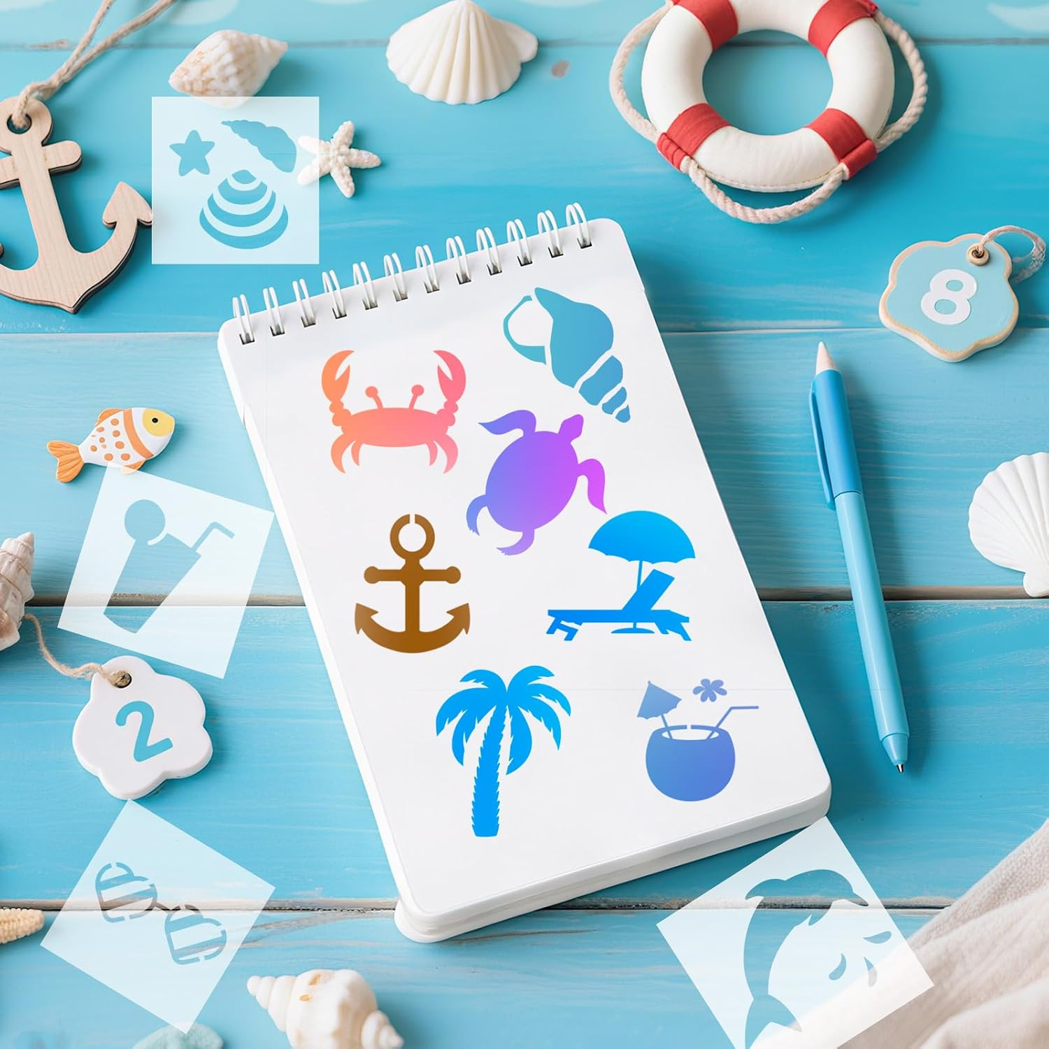 70Pcs Ocean Stencils for Painting, 3X3In Plastic Sea Life and Beach Stencils Ocean Creatures Palm Tree Patterns for Wood Canvas Rocks & DIY Crafts image number 4