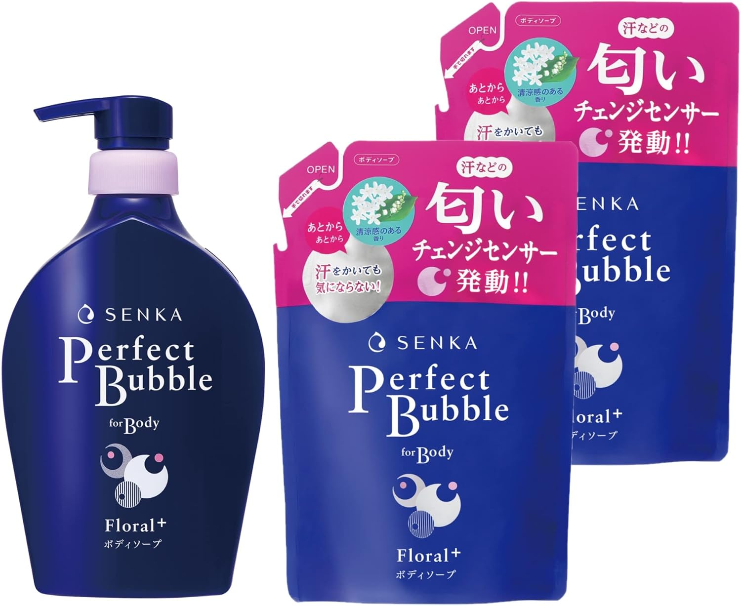 Senka SENKA Perfect Bubble for Body Floral plus Body Soap, 16.9 Fl Oz (500 Ml) + Refill Use, 11.8 Fl Oz (350 Ml) X 2 Pieces, Set of Sweat and Odor, Body Shampoo, Refill image number 6