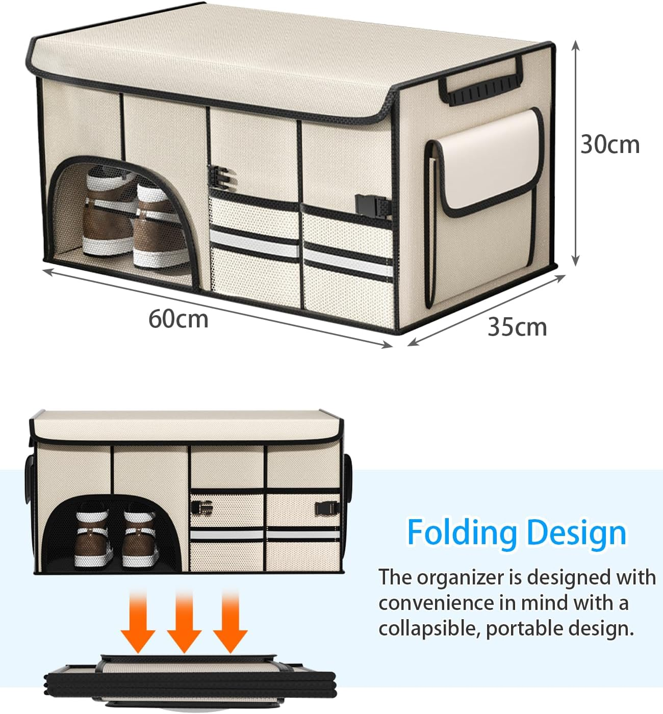 72L Car Trunk Organizer, Collapsible Car Storage Container with Lid, Multi Compartments Car Storage Organizer with Reflective Strip for SUV, Truck, Sedan (Beige) image number 6