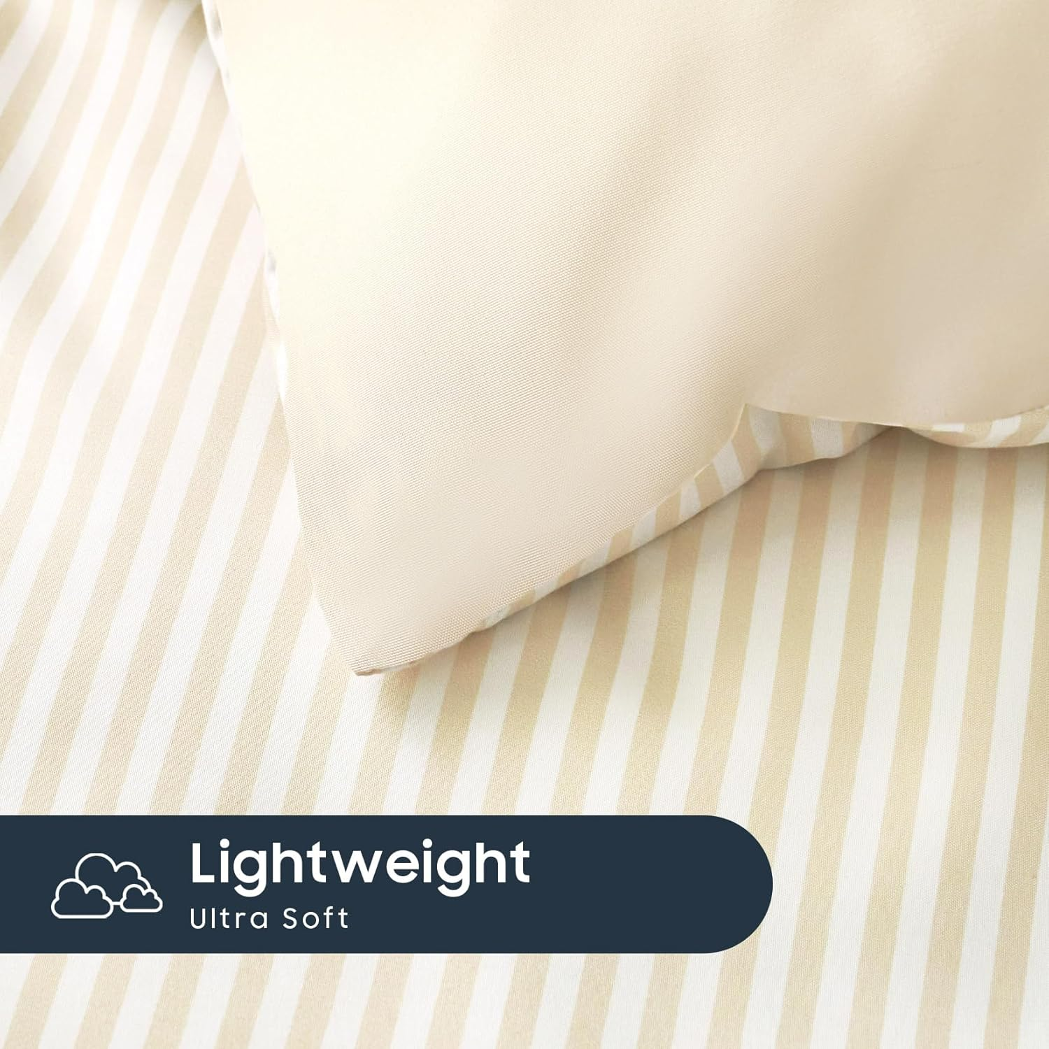 Wake in Cloud - Striped Quilt Cover Set, 1000TC Ultra Soft Microfiber Doona Duvet Cover, Ticking Stripes Pinstripe Pattern Printed Bed Bedding, 3 Pieces, Beige, Queen Size image number 5