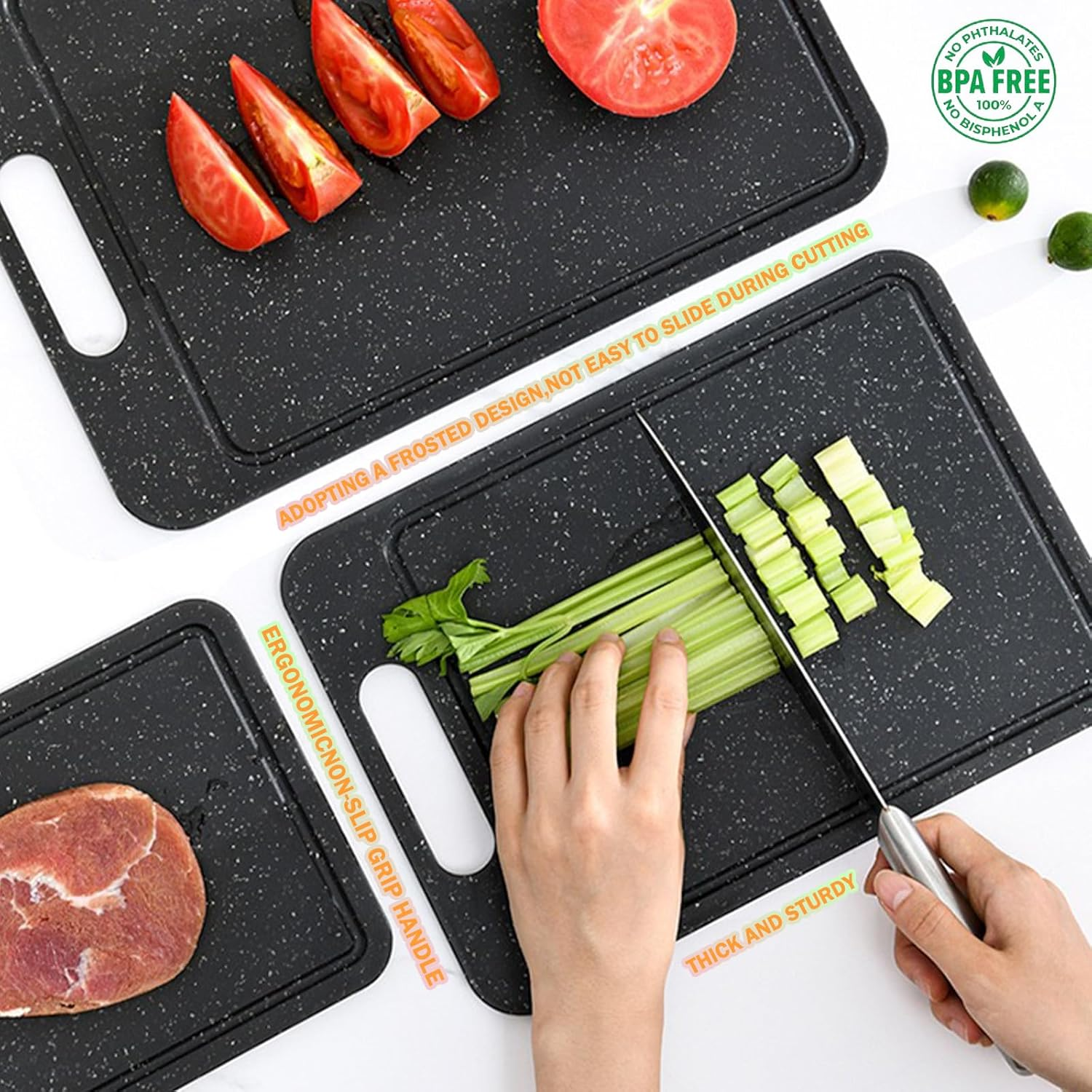 3-Piece Kitchen Chopping Boards with Non-Slip Feet & Juice Grooves & Carrying Handle, No BPA Plastic Cutting Board Set, Dishwasher Safe, Easy Grip Handle, Reversible Cutting Board, Black image number 2