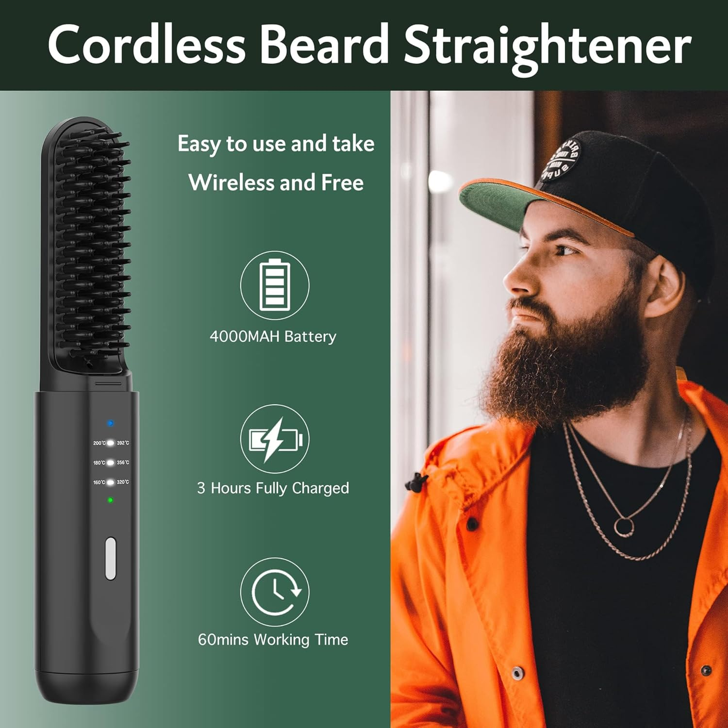 Hair Straightener Brush, Hair Iron with Built-In Comb,Wireless Heated Beard Straightener Comb with Ionic Technology, 3 Temperature Settings, Anti-Scald, Portable for Home Travel,Hair Straightener That Reduces Styling Time (Black)