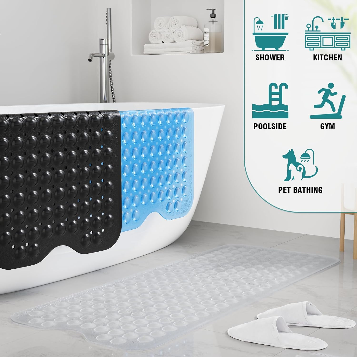 40X100Cm/15X40Inch Bathroom Mat,Shower Plastic Bath Mat with Suction Cup,Non-Slip Comfortable Bathtub Mat for Shower, Bathroom, Machine Wash Dry,Clear White - Clear Blue image number 4