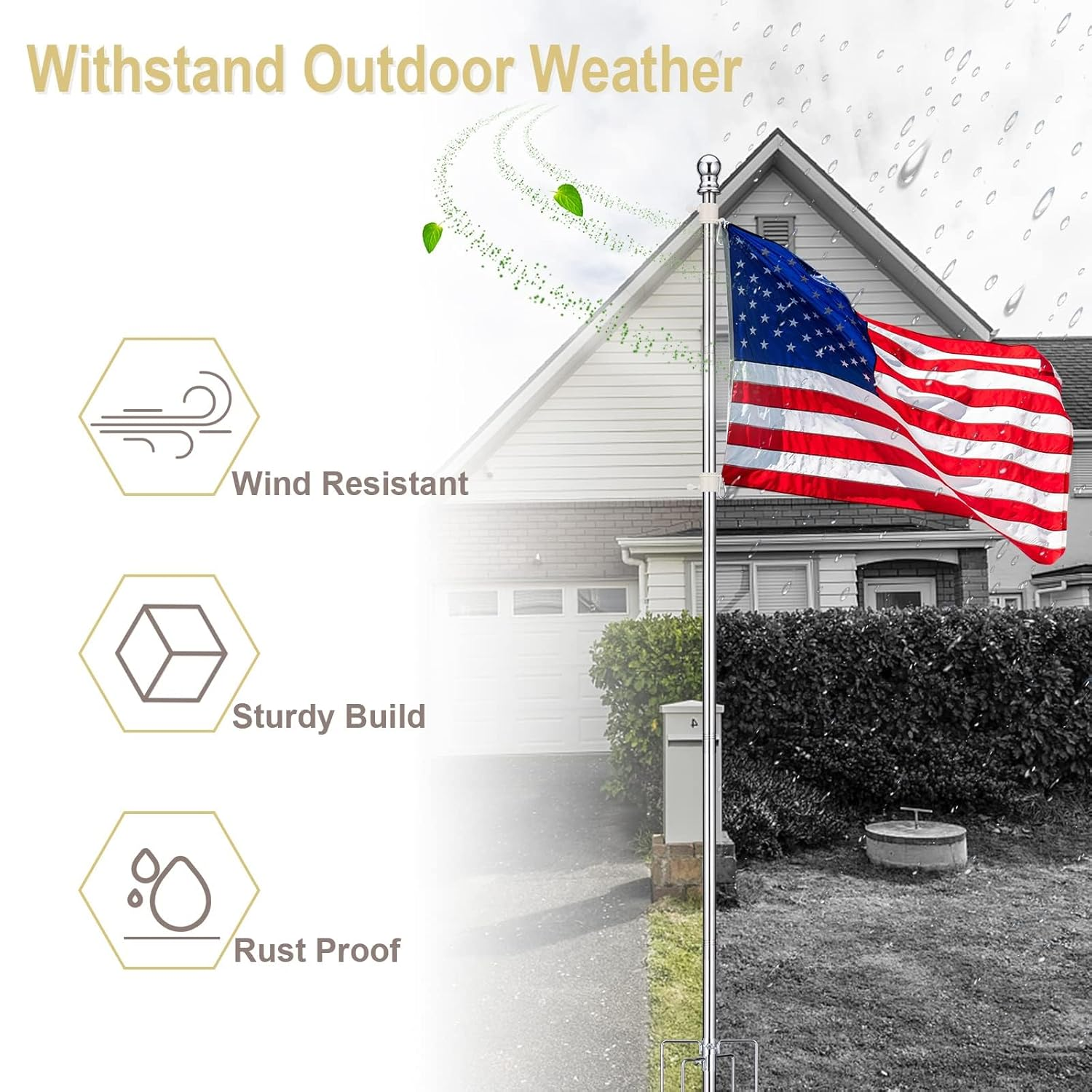 Ground Flag Poles for outside House - 1" Tangle Free Flag Pole Kit with 5 Prong - 8.5Ft Yard Flag Stand for Outdoor,Wind Resistant & Rustproof for Garden - Silver image number 6