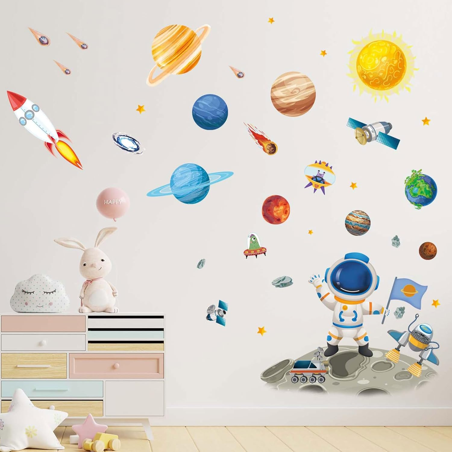 Outer Space Astronaut Wall Stickers - Planets Rocket Boys Wall Decals - Baby Nursery Kids Room Daycare Playroom Classroom Wall Decor image number 2